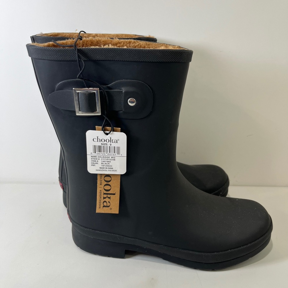 Chooka Delridge Mid Rain Boots Women Size 9 Black Faux Fur Lined Waterproof Gorp